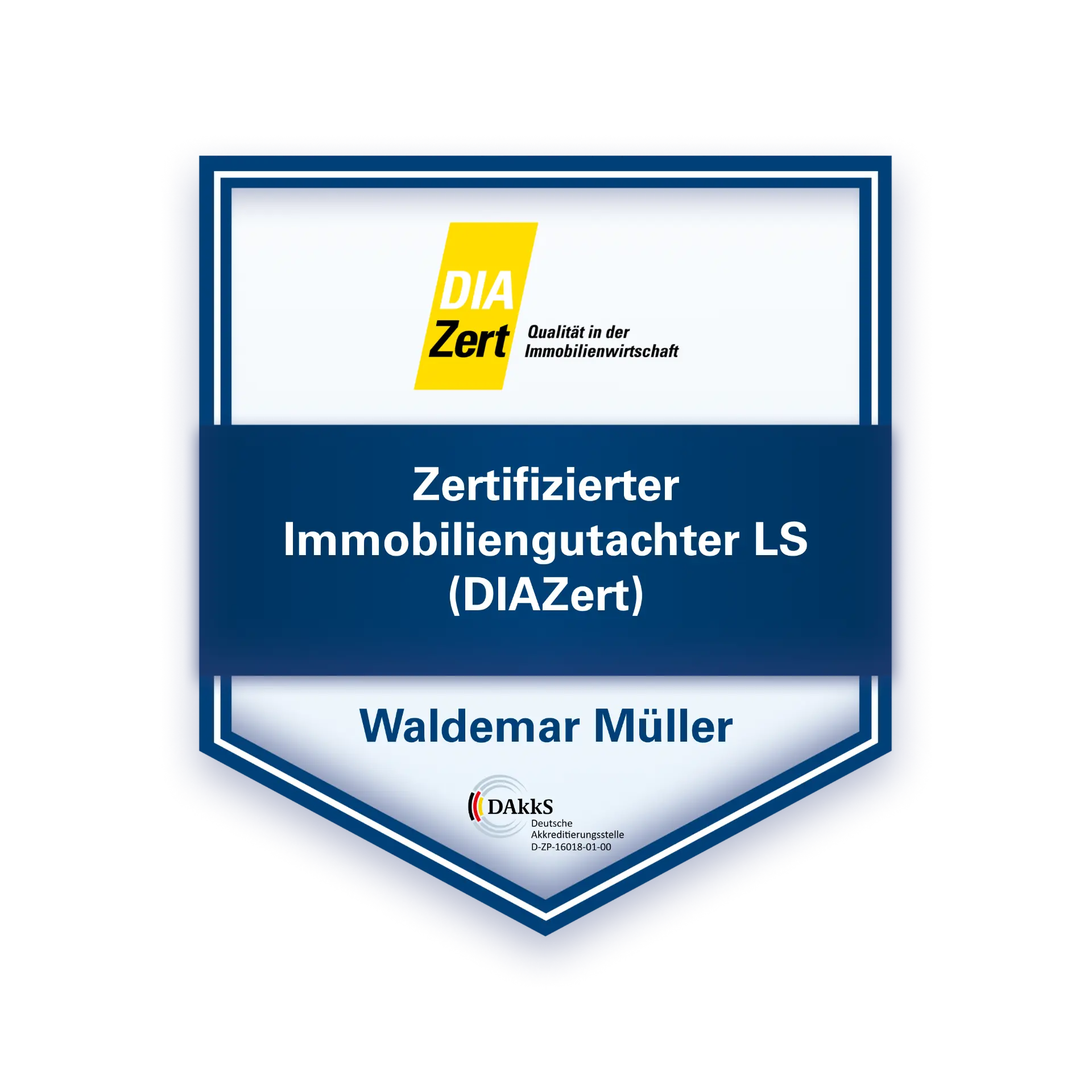 DIAZert-Siegel: Zertifizierter Immobiliengutachter LS für Waldemar Müller, akkreditiert durch die DAkkS