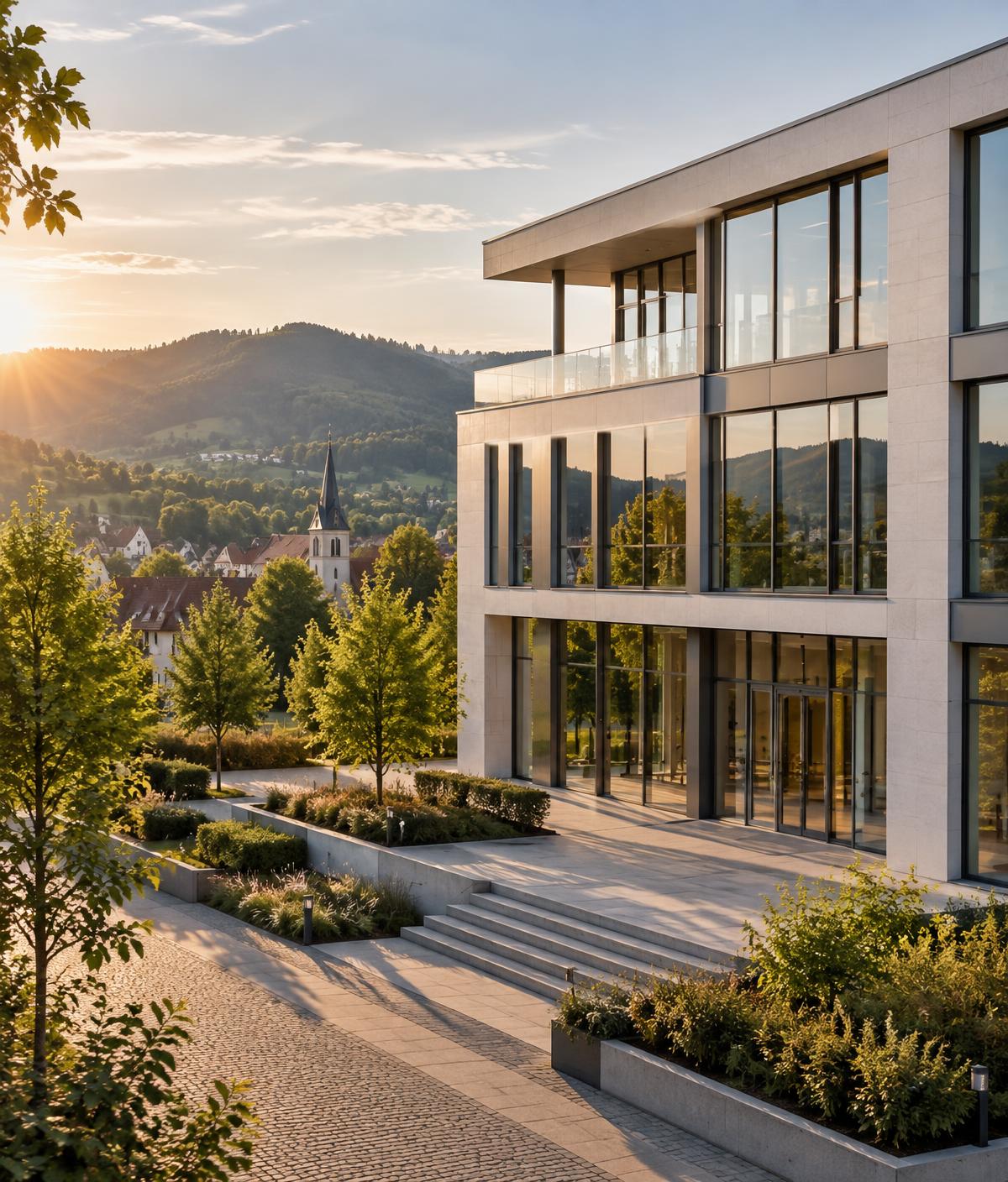 Hochwertiges Bürogebäude im Grünen – Symbolbild für unseren Standort in Schopfheim